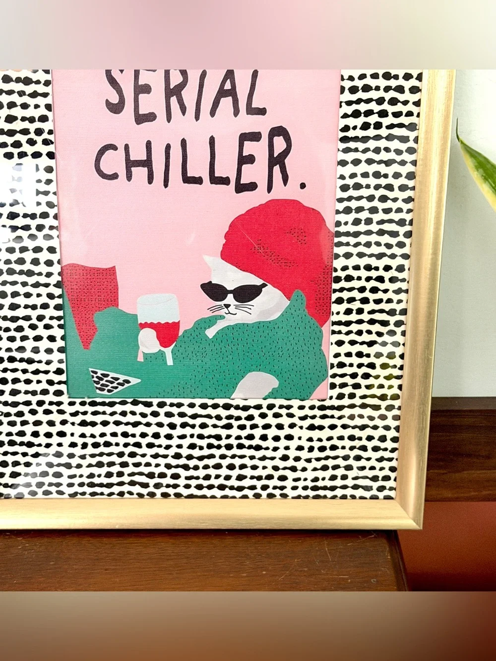 Serial Chiller Cat Silly Dotted Canvas Art Print Gold Framed Quirky Wall Art